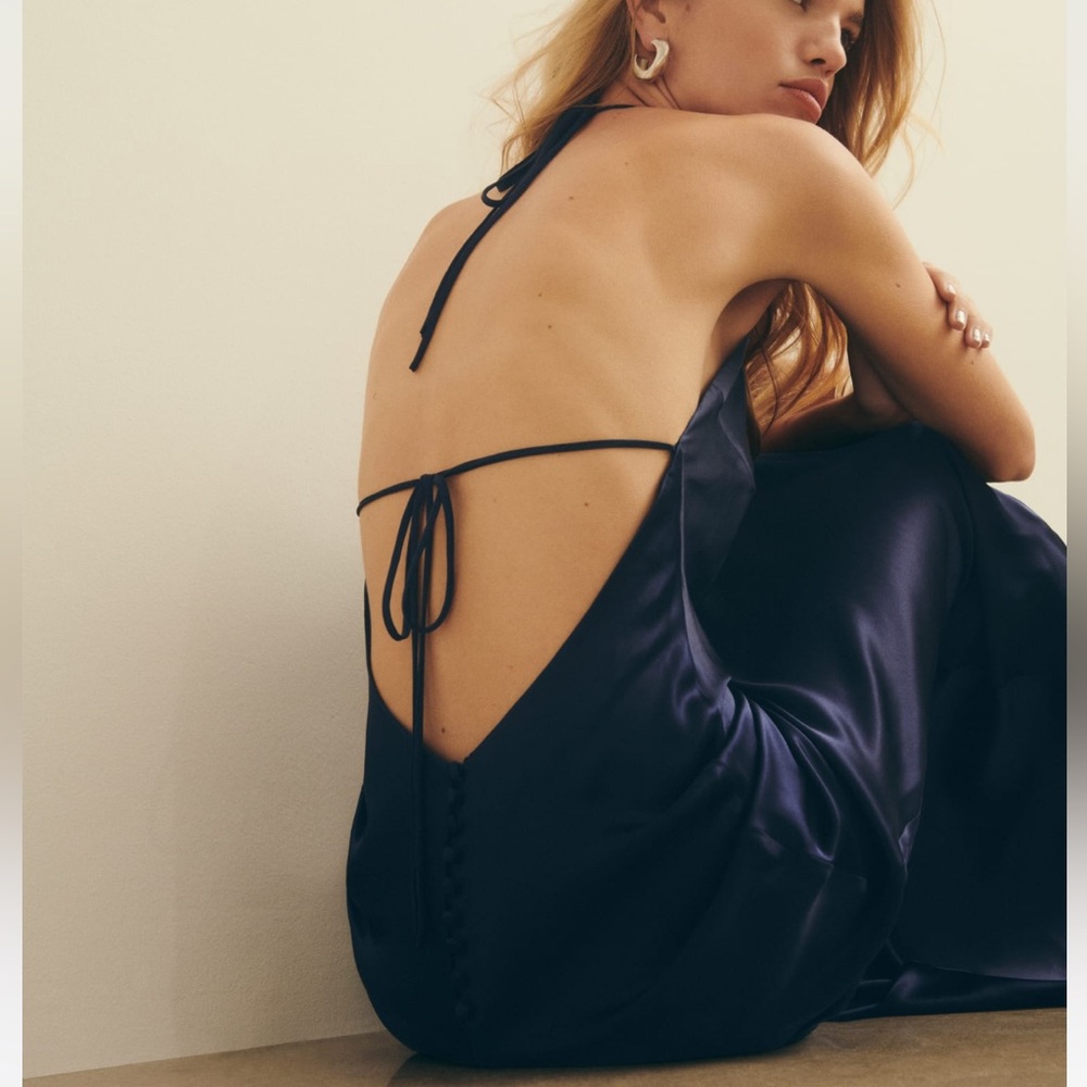 NEW NWT Reformation Jeany Silk navy blue maxi Dress halter gown